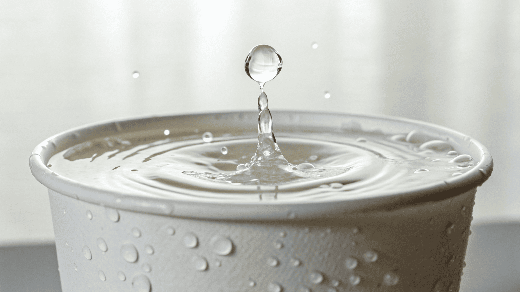 A droplet of water splashing on a paper cup surface, symbolizing a water-based coating
