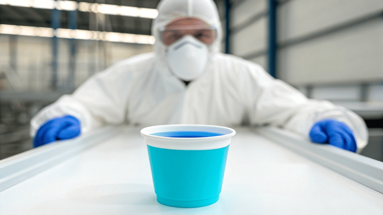 A quality control technician conducting a leak test on paper cups with colored liquid