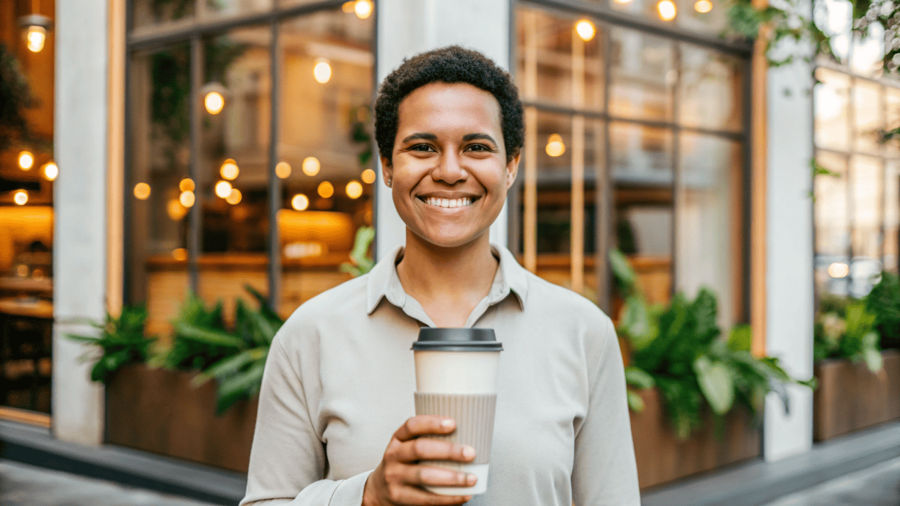 Reusable Cups as the Best Alternative A person happily holding a reusable coffee cup, representing the best sustainable alternative.