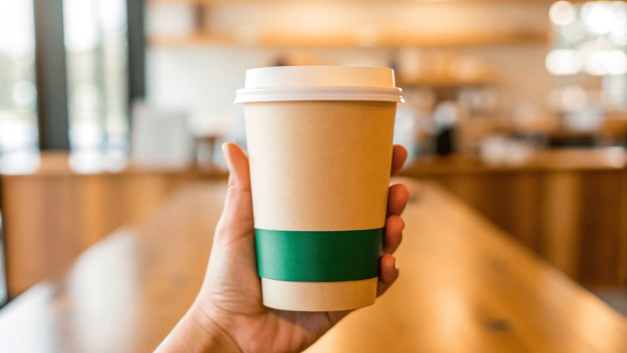 A customer carefully reading the "100% Recyclable" message on the bottom of a coffee cup.