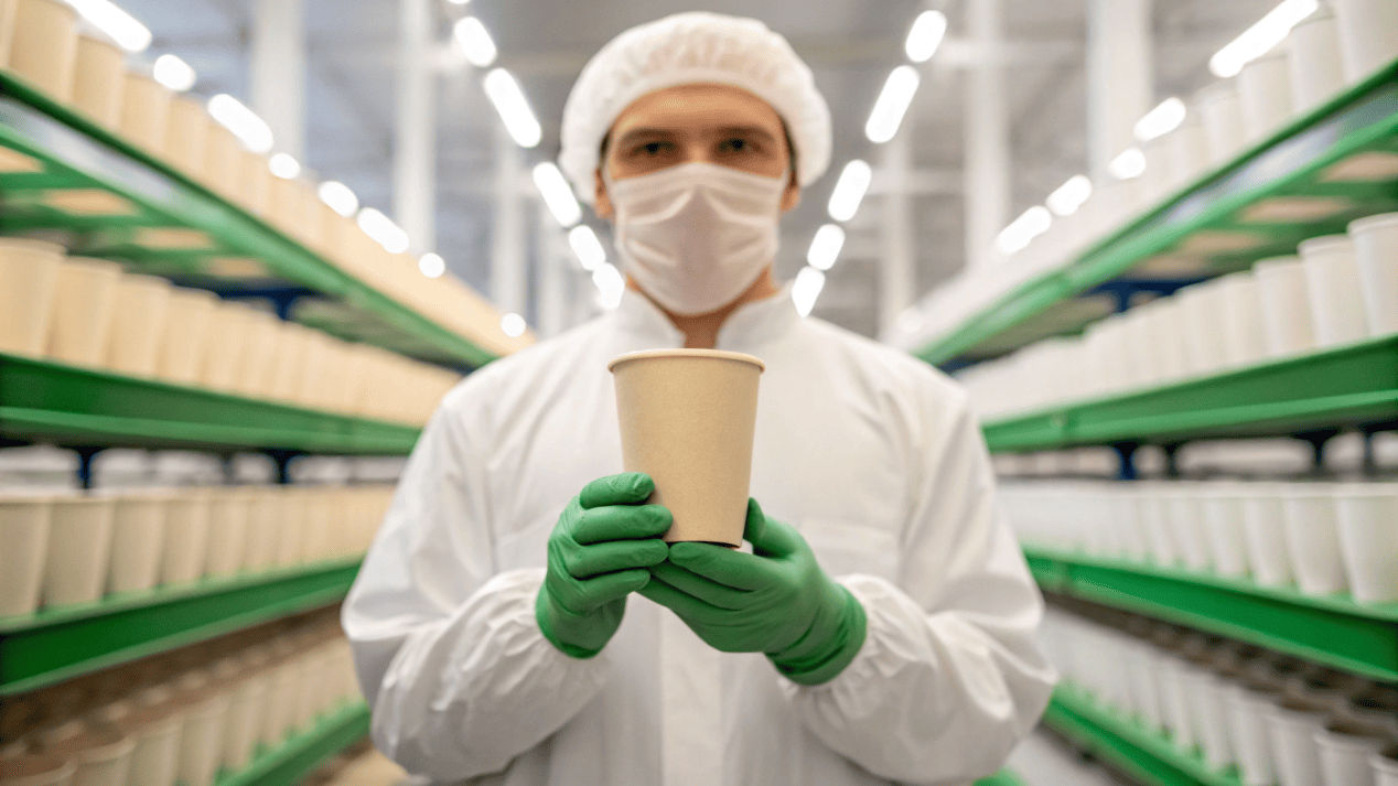 Quality Standards for Eco-Friendly Paper Cups A quality inspector examining an eco-friendly paper cup in a factory setting