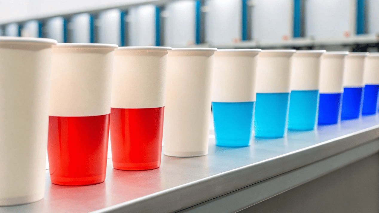 Leak-Proof Testing for Paper Cups A row of paper cups undergoing a 24-hour leak-proof test with colored liquid