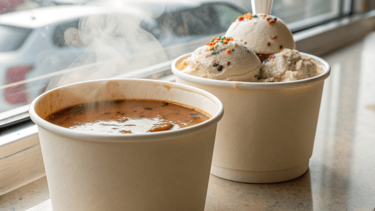 Temperature Resistance of Paper Cups and Bowls A paper bowl holding hot soup next to a paper cup filled with ice cream, both maintaining their shape