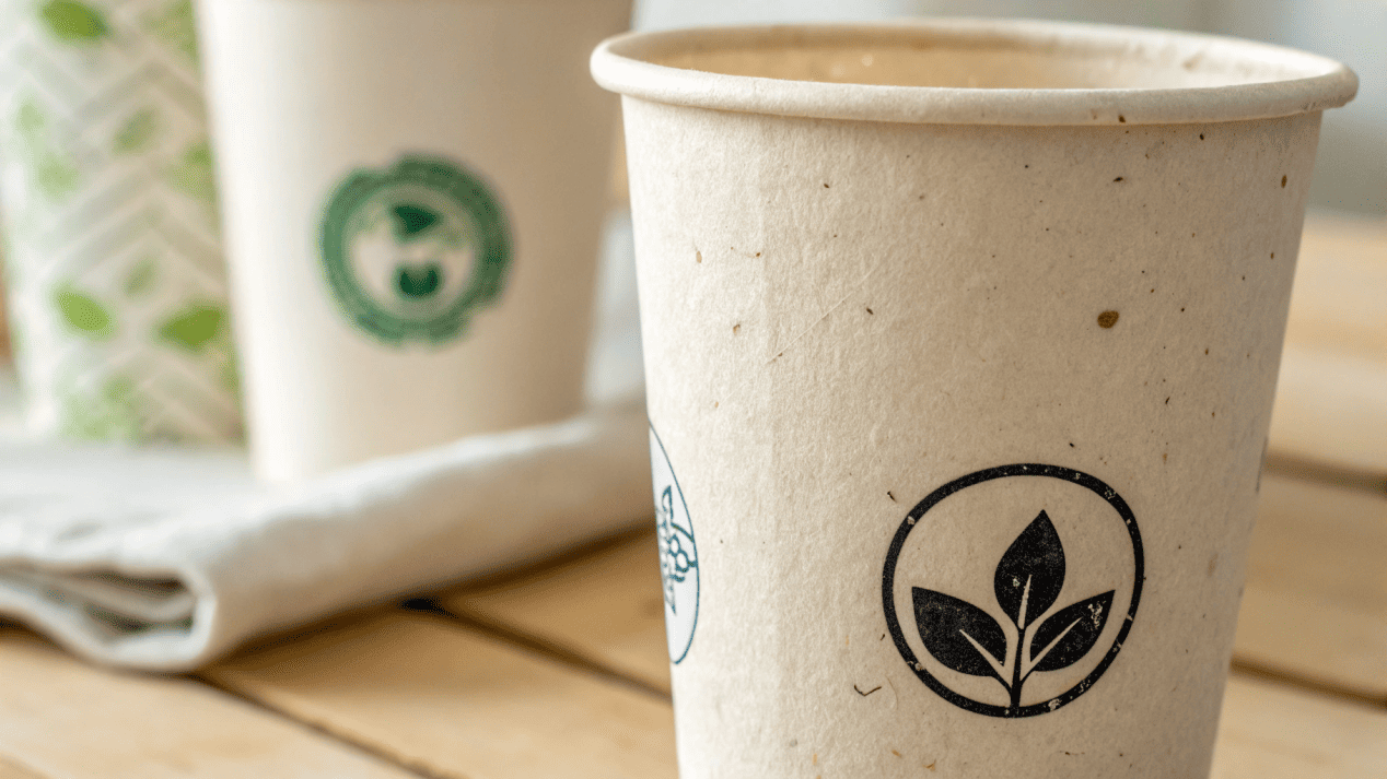 Compostability Verification and Certifications A close-up of BPI and TÜV Austria compostable certification logos on a paper cup