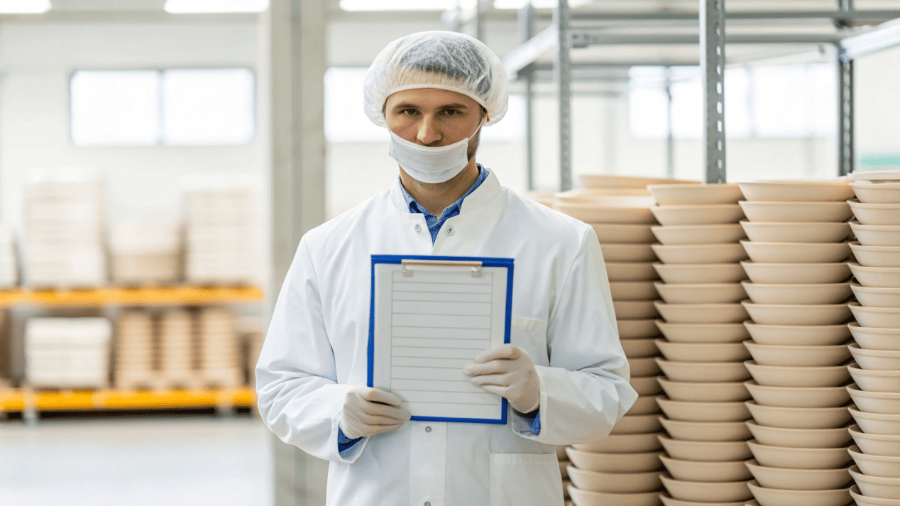Regulatory Compliance and Food Safety for Paperware A food safety inspector approving a batch of paper bowls with a checklist
