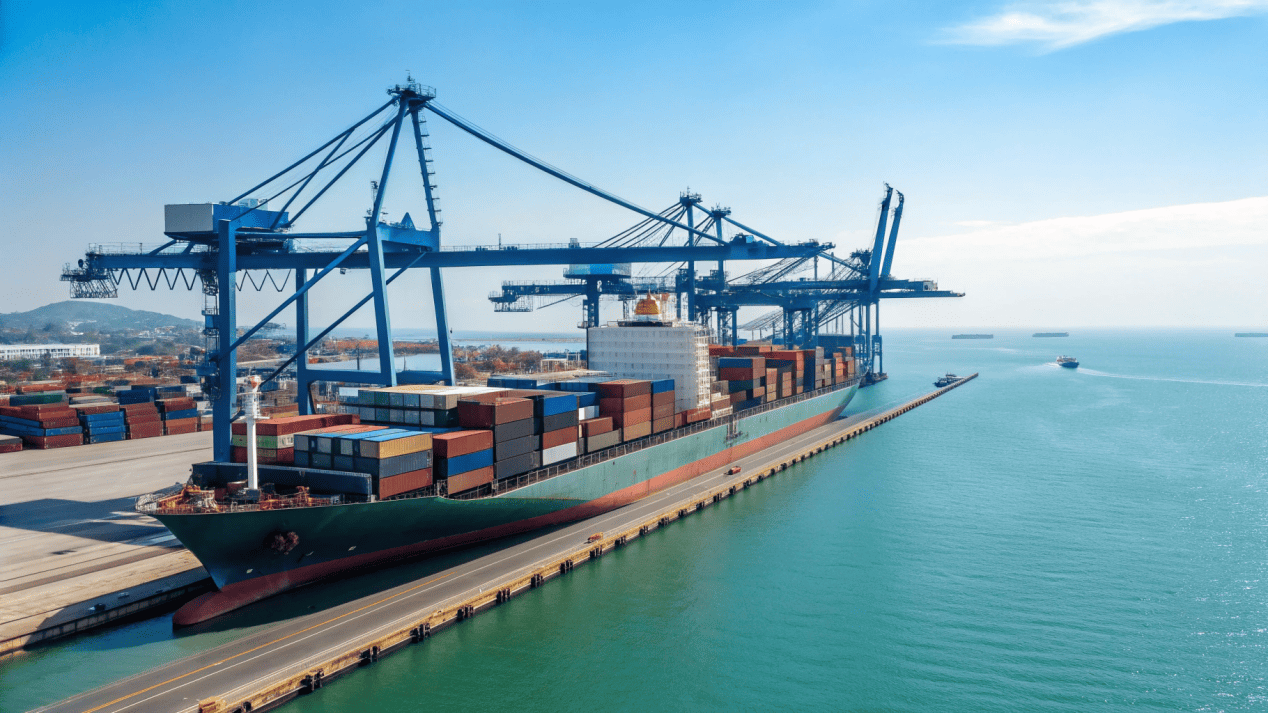 A cargo ship being loaded with containers, symbolizing global export