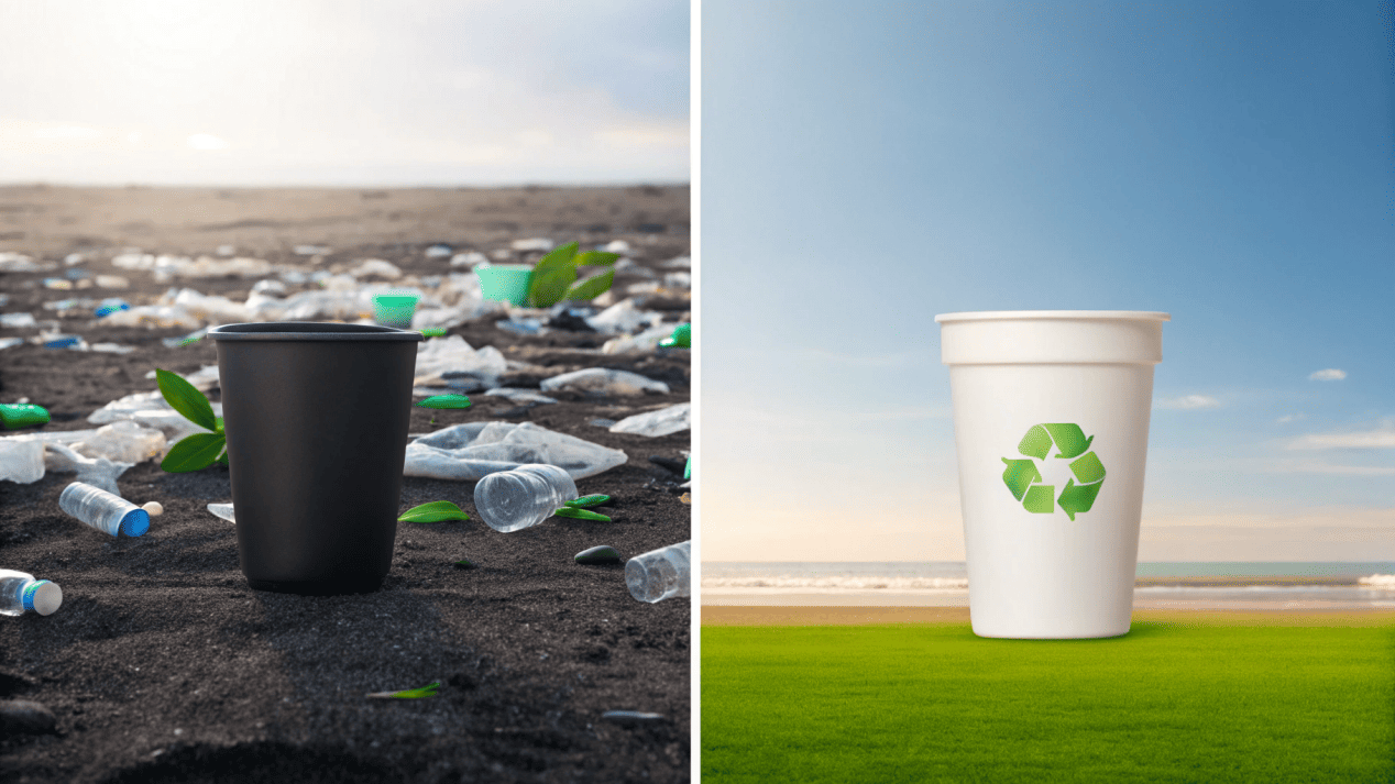 A before-and-after image showing a pile of plastic waste on one side and clean nature with a paper cup on the other.
