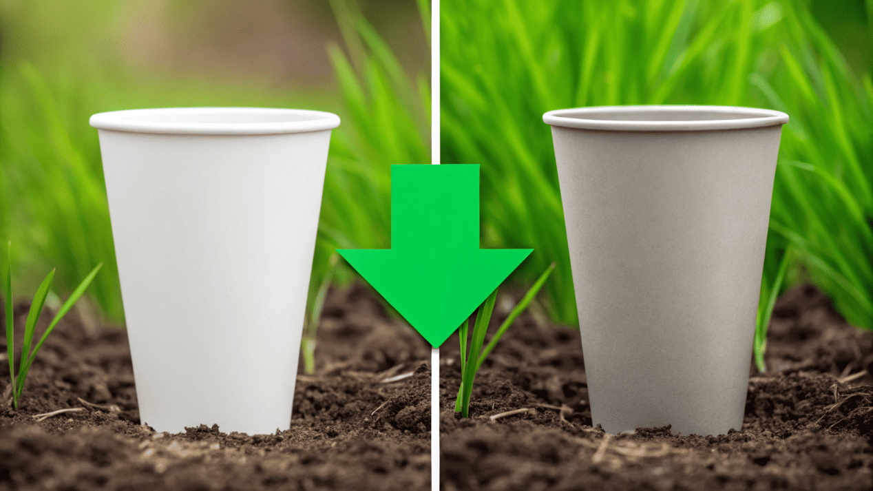 An illustration comparing the lifecycle of a paper cup (decomposing) versus a plastic cup (persisting for centuries).