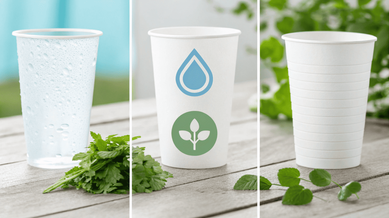An infographic showing the difference between PE lining, PLA lining (compostable), and water-based coatings (recyclable).