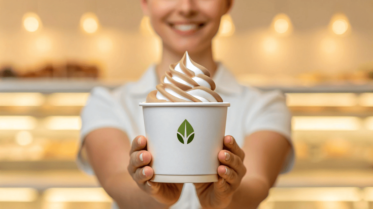 A brand's logo featured prominently on a stylish paper ice cream cup, held by a happy customer.