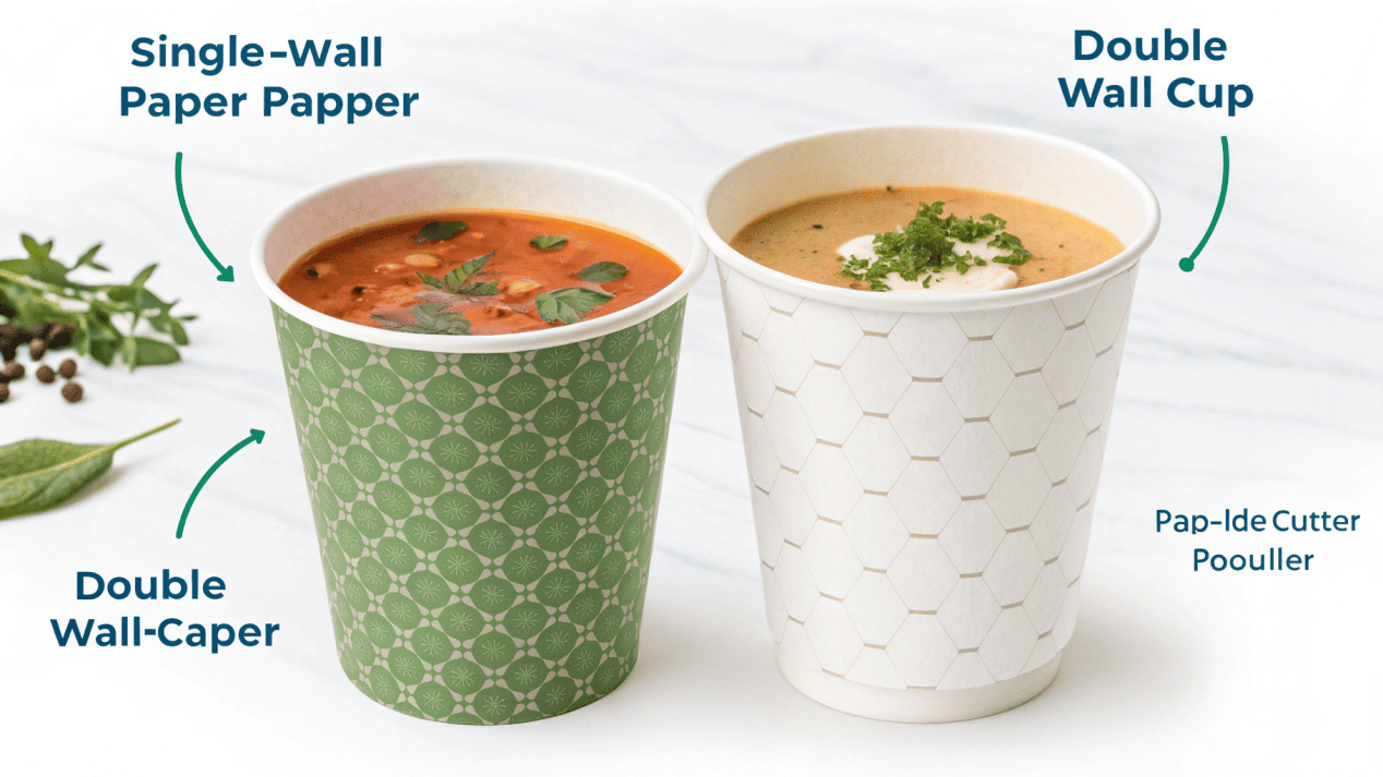A diagram showing the difference between a single wall and a double wall soup cup.
