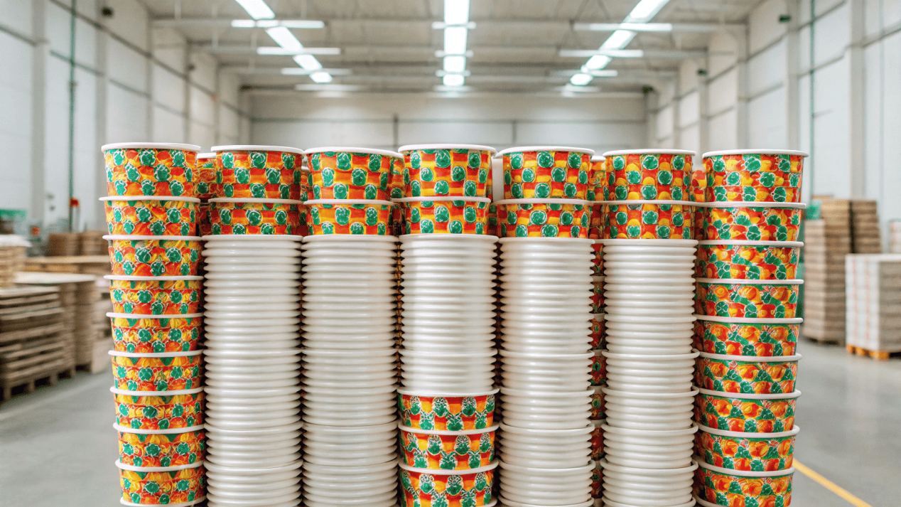 A stack of custom-branded wholesale paper soup cups ready for shipping from a factory