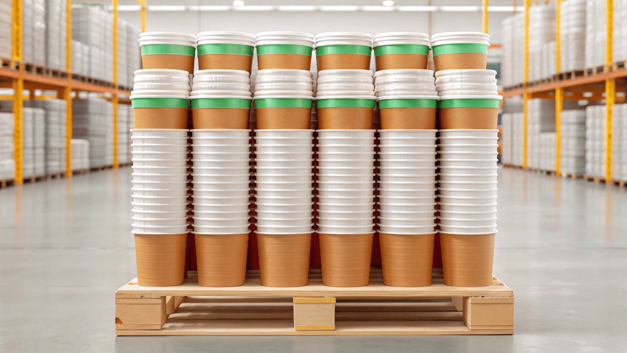 A large pallet of custom paper cups in a warehouse, illustrating the MOQ concept