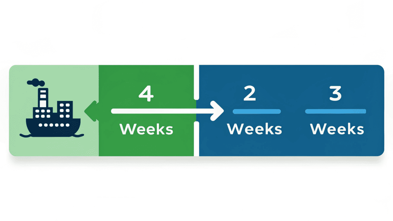 A timeline graphic showing 2-4 weeks for production and 4-6 weeks for shipping for a total of 8-12 weeks