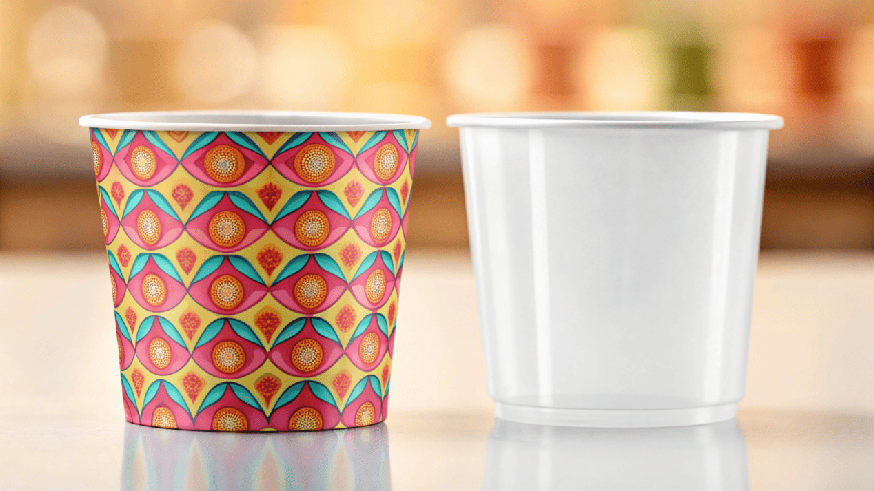 Paper vs. Plastic Ice Cream Cups Comparison A high-quality, vibrantly printed paper ice cream cup next to a generic plastic one.