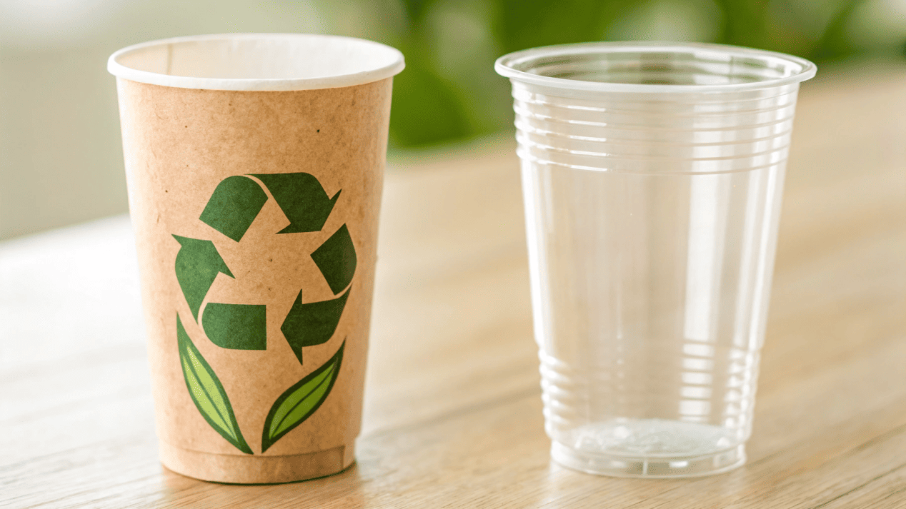 Eco-Impact of Paper vs. Plastic An image showing a paper cup with a recycling symbol and a leaf, contrasted with a plastic cup.