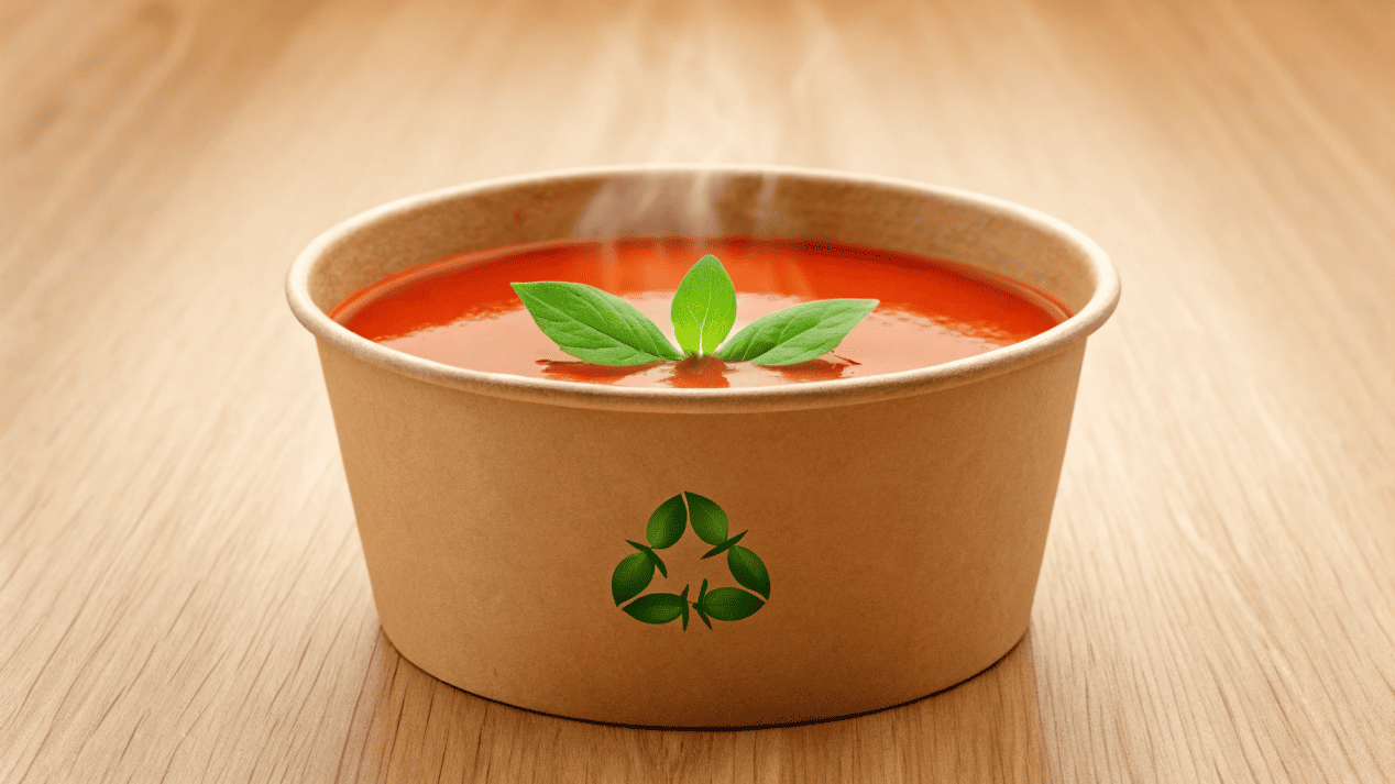 Reliable Compostable Bowls for Hot Soup A sturdy, compostable paper bowl filled with steaming hot tomato soup.