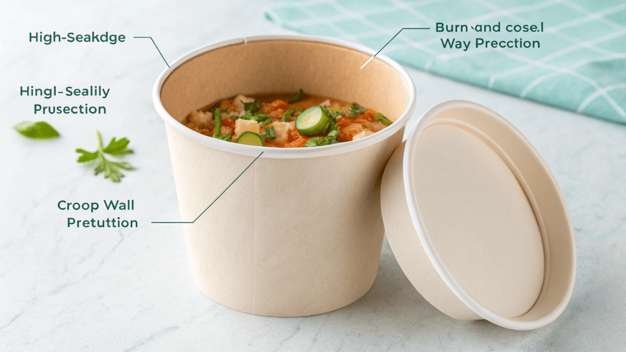 Leak-Proof Paper Bowl Construction An illustration highlighting the tightly rolled rim and securely sealed base construction of a paper soup bowl.