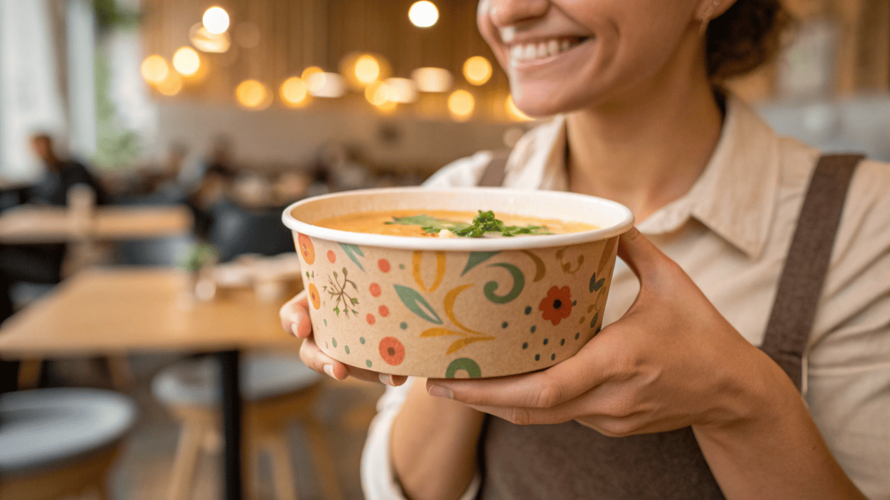 Brand Marketing on Compostable Soup Bowls A happy customer holding a beautifully custom-branded compostable soup bowl with a restaurant logo.