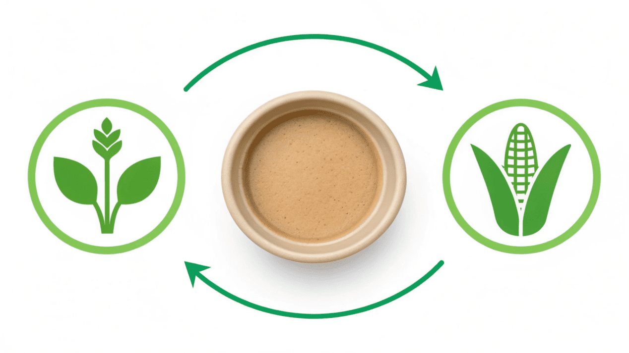 The Circular Lifecycle of a Compostable Bowl An infographic showing the circular lifecycle of a compostable bowl: from plant, to bowl, to food, to a commercial compost facility, and back to soil.