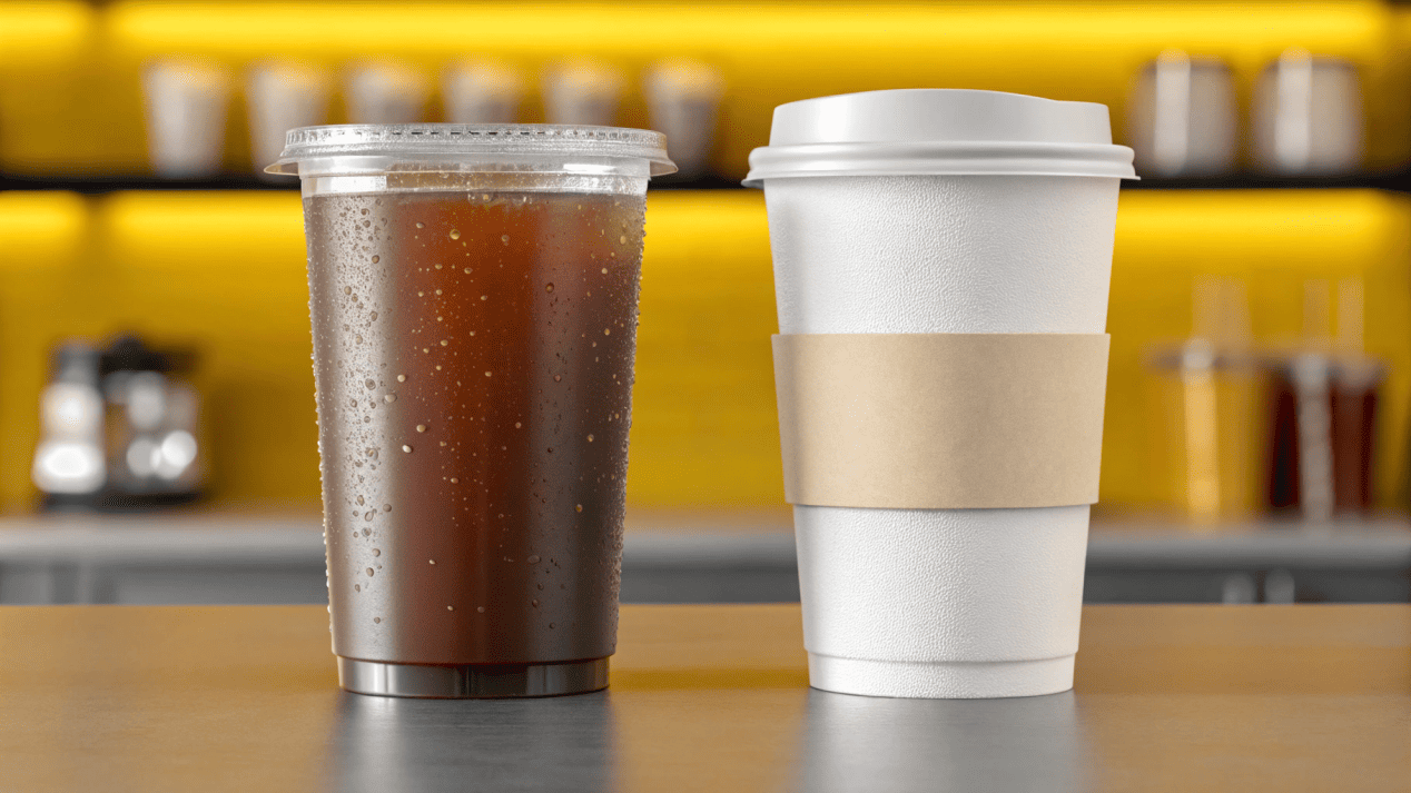Plastic Cups vs. Disposable Paper Cups A plastic cup and a paper cup sitting side-by-side on a cafe counter.