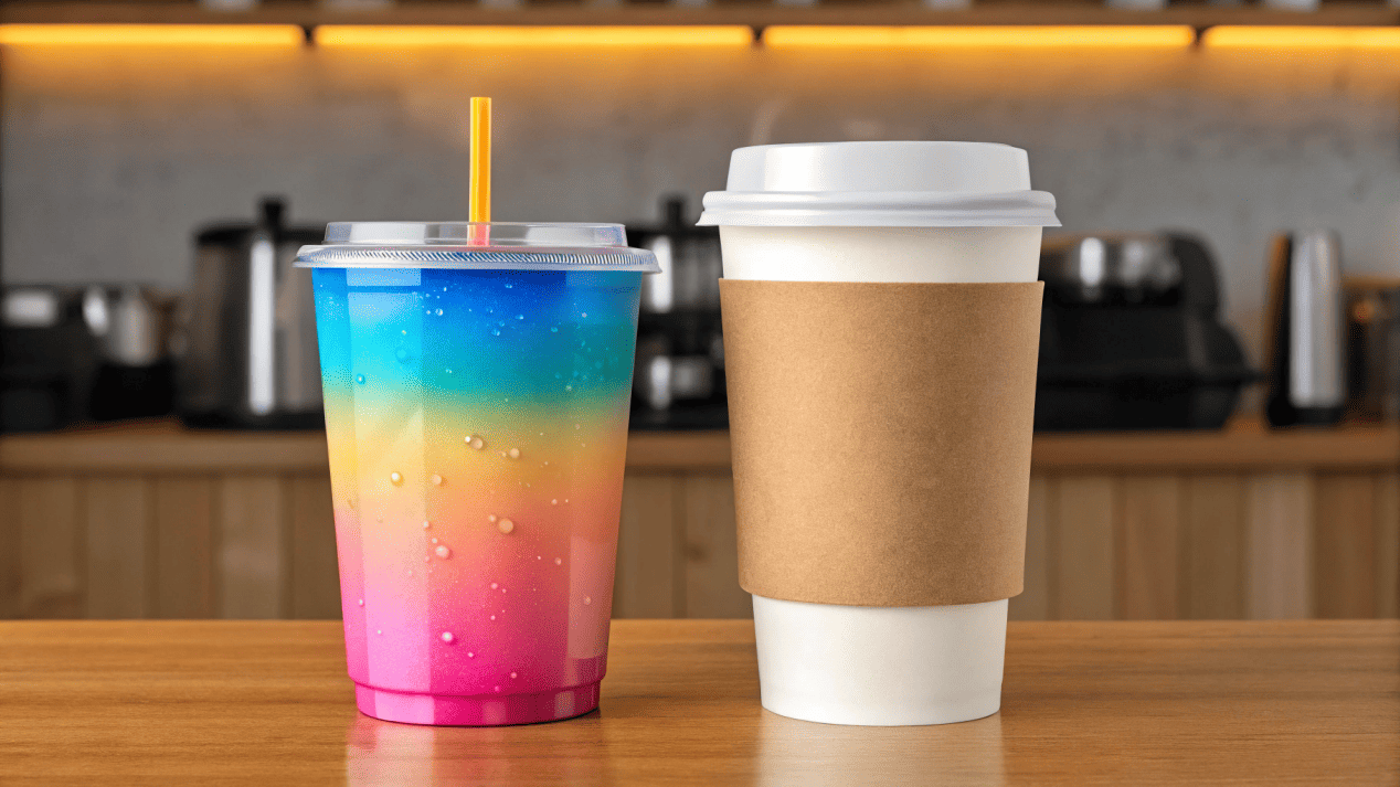 Choosing Cups for Hot and Cold Drinks A colorful smoothie in a clear plastic cup next to a hot coffee in a branded paper cup.