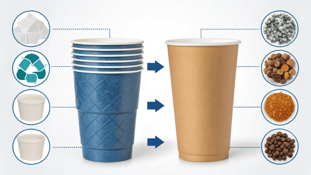 Environmental Impact of Cups An infographic comparing the lifecycle of a plastic cup and a paper cup.