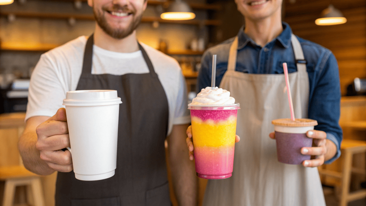 Customer Preference for Cups A customer smiling while holding a branded paper coffee cup, and another looking happily at a colorful smoothie in a clear plastic cup.