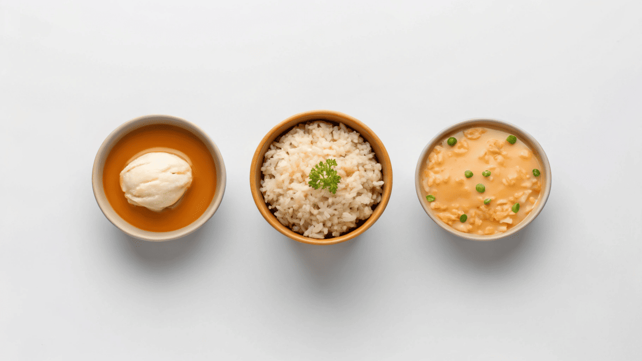 Matching Bowl Size to Food Type Three bowls side-by-side: a small one with ice cream, a medium one with soup, and a large one with a poke bowl.