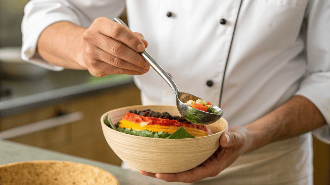 Portion Control with the Right Bowl A chef using a scoop to place a perfect portion into a correctly sized bowl that looks full.