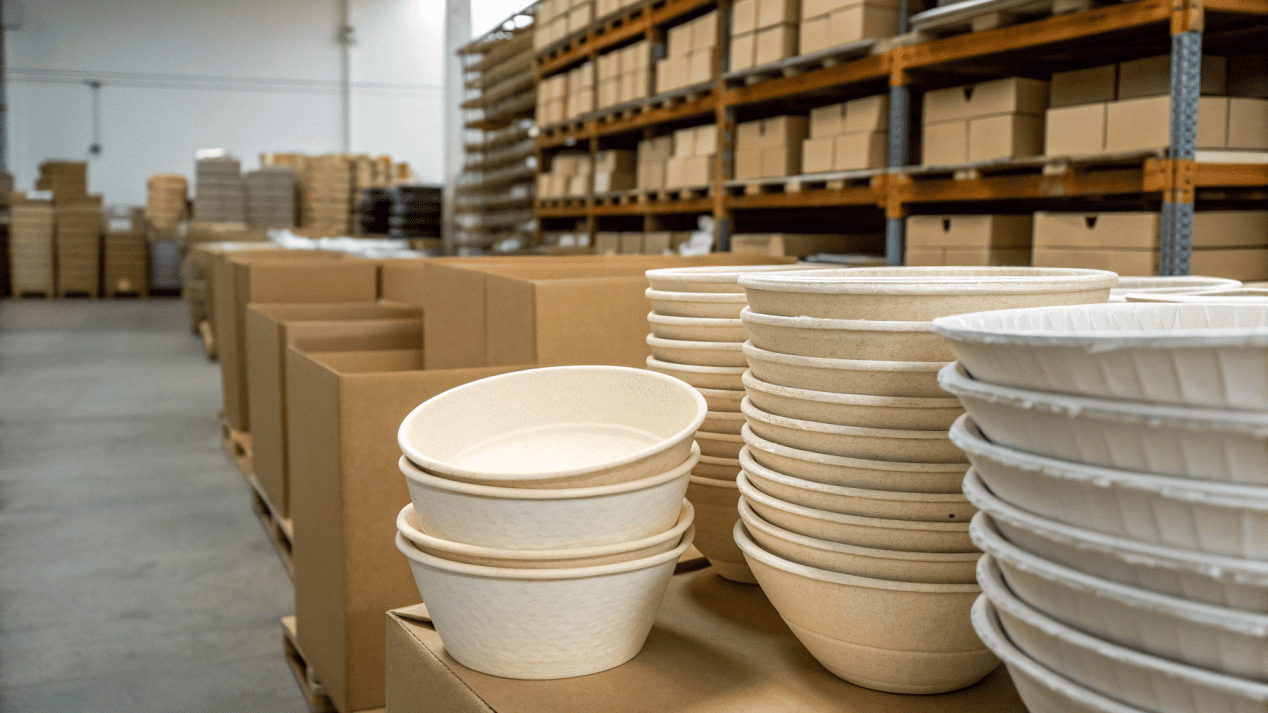 The Hidden Costs of Large Packaging A crowded storeroom with bulky boxes of large bowls, next to a smaller, neater stack of correctly sized bowls.
