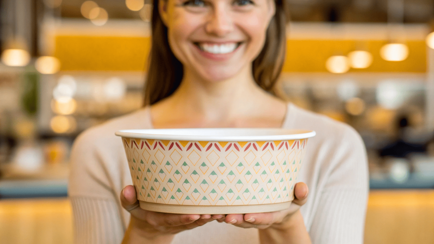 Branding on a Paper Bowl A beautifully designed custom-printed paper bowl with a bold logo, held by a happy customer.