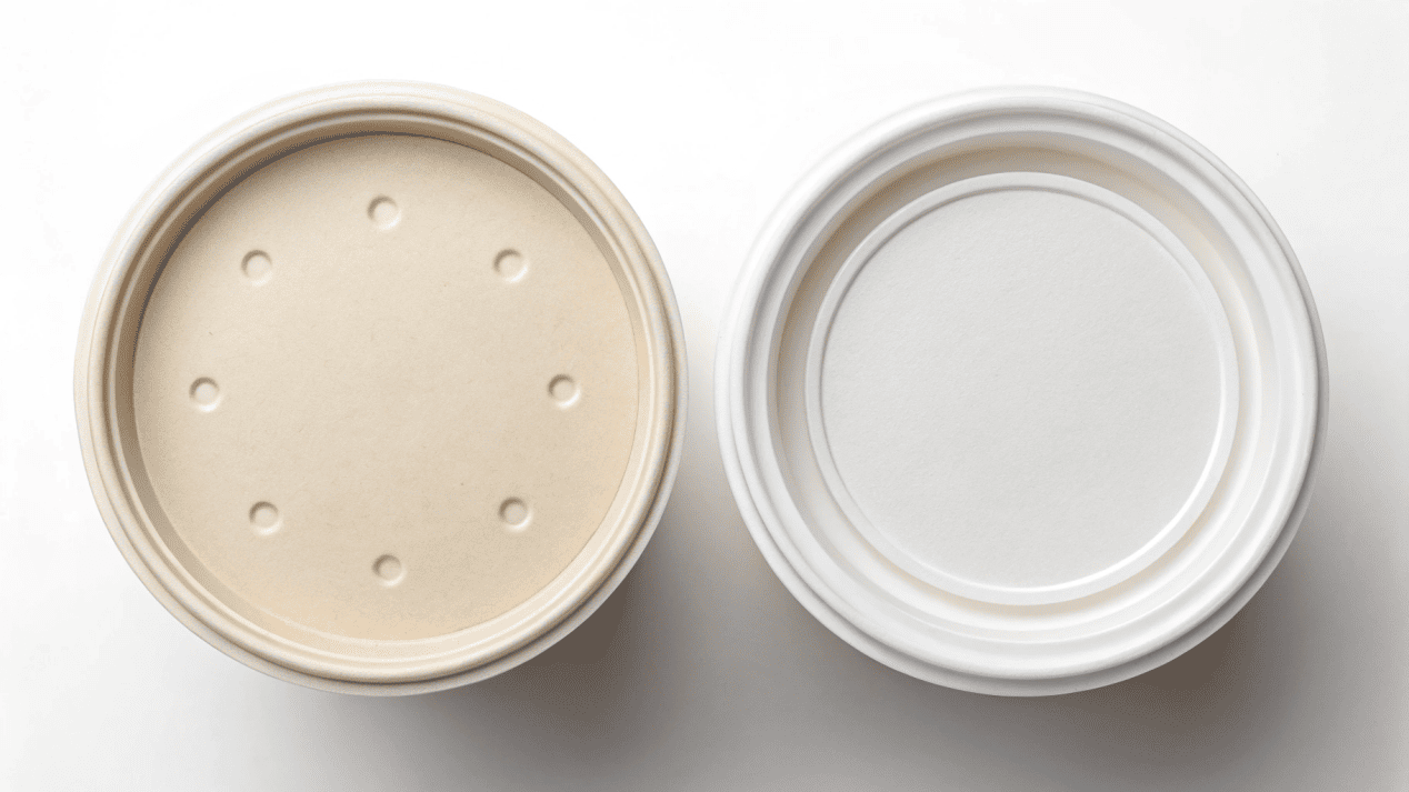 A side-by-side comparison of a vented paper lid and a CPLA lid on a soup bowl