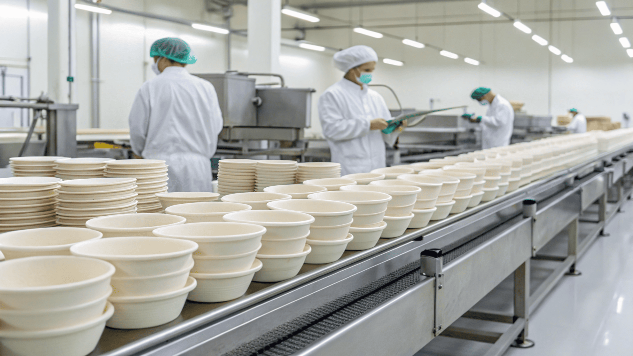 A factory floor with dedicated production lines for compostable bowls
