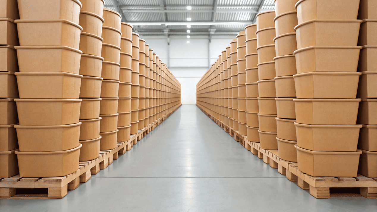 Cartons of compostable bowls neatly stacked in a cool, dry warehouse