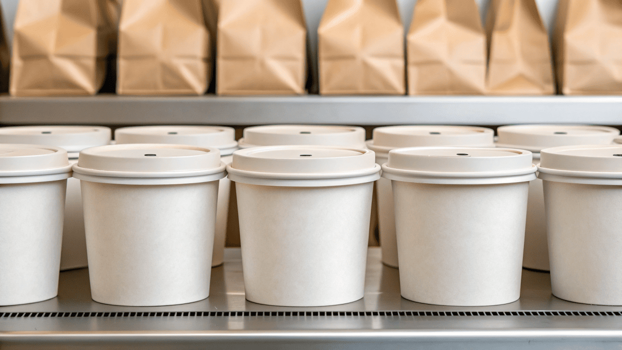 A selection of high-quality paper soup cups with vented lids, ready for takeout.