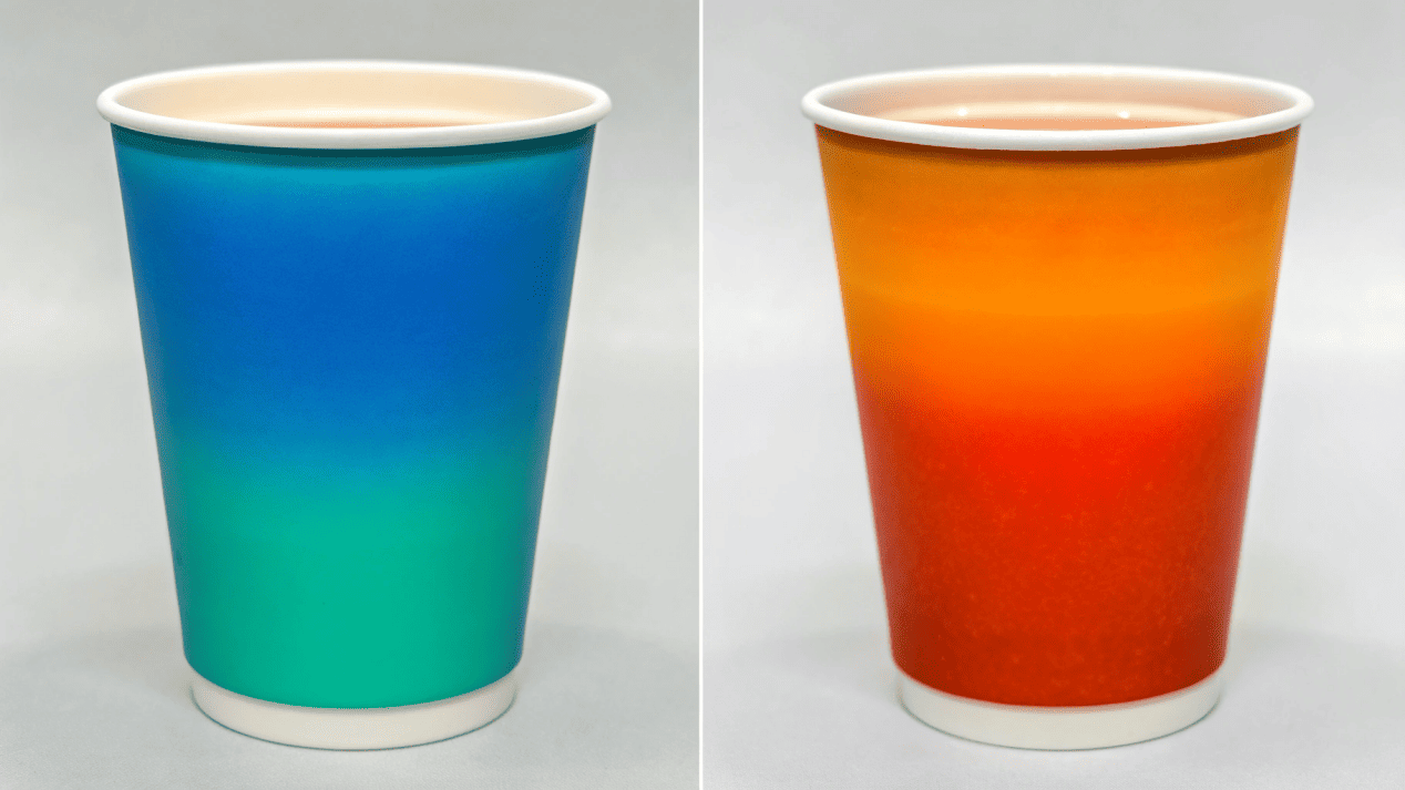 A thermal camera image showing heat being retained in a double-wall cup versus a single-wall cup.