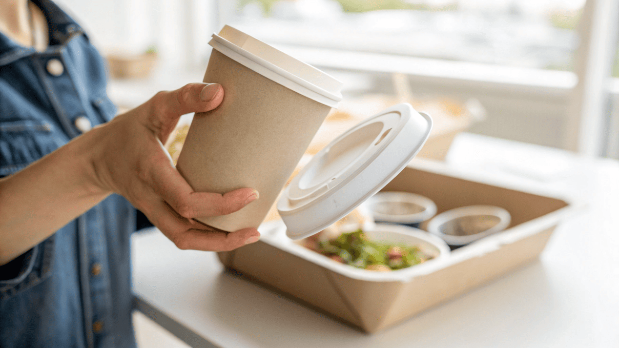 A person confidently holding a takeout soup cup sideways to show that the lid is leak-proof.