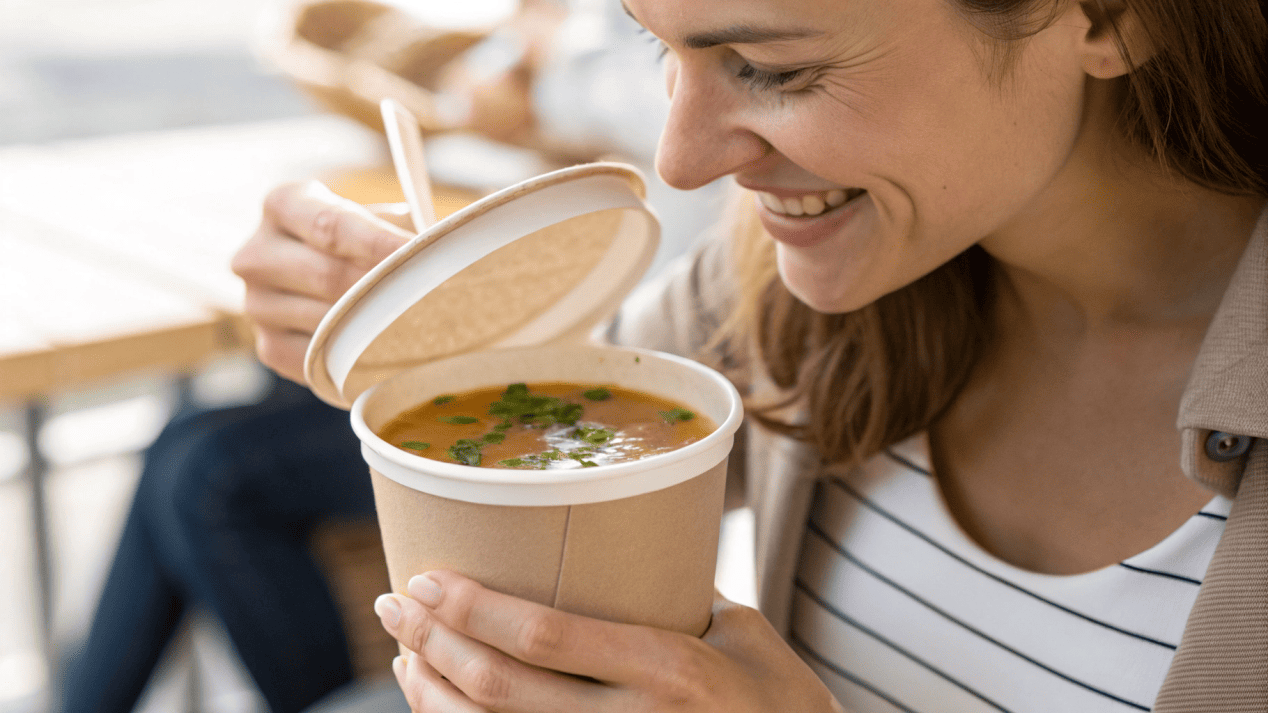 A customer happily eating soup directly from a wide-mouthed, eco-friendly paper container.