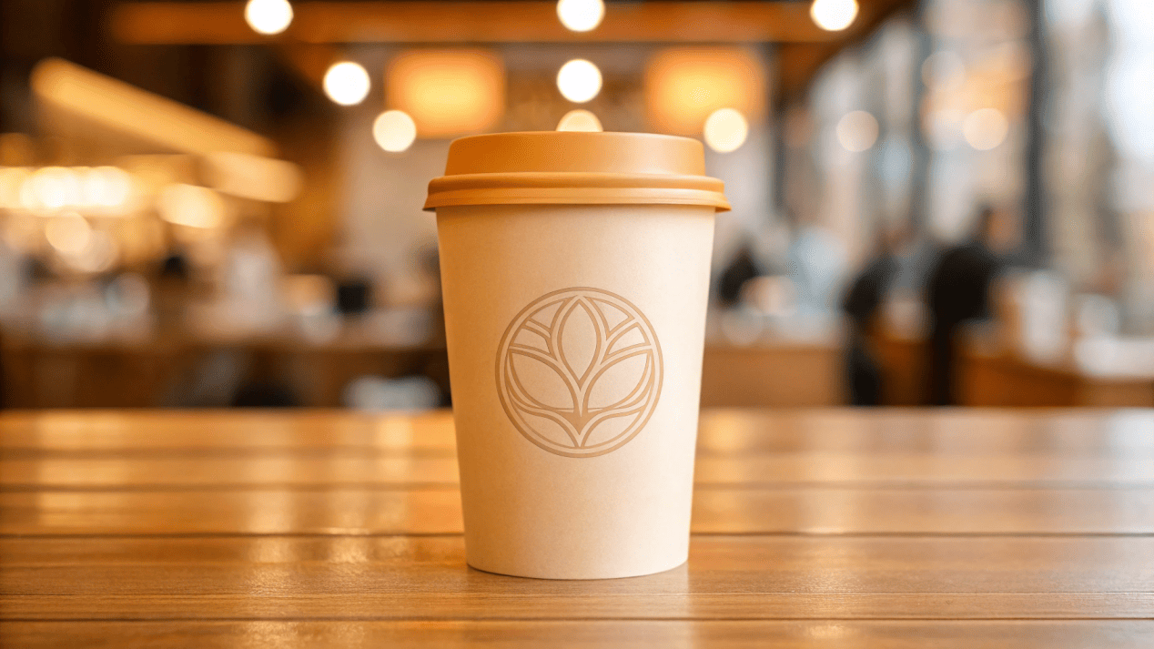 A custom-branded soup cup with a beautiful logo design sitting on a table in a busy cafe.