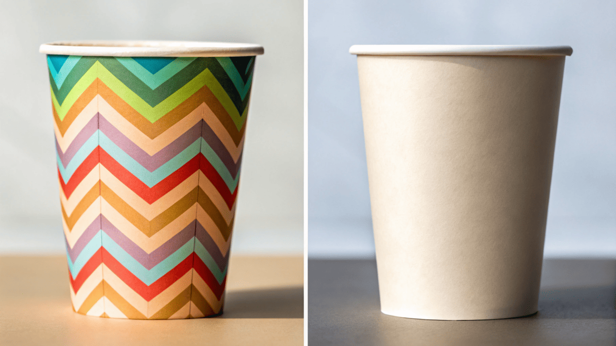 A modern, branded paper cup standing next to an old-fashioned, plain wax-coated cup