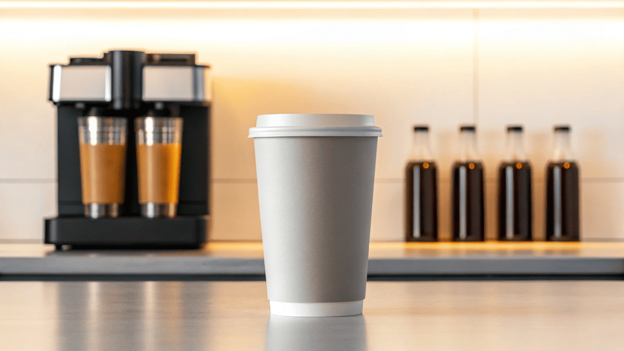 New, modern paper cups fitting perfectly into an existing cup dispenser on a service counter