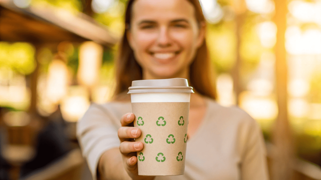 A customer smiling as they hold a well-designed, modern paper cup with clear disposal instructions on it