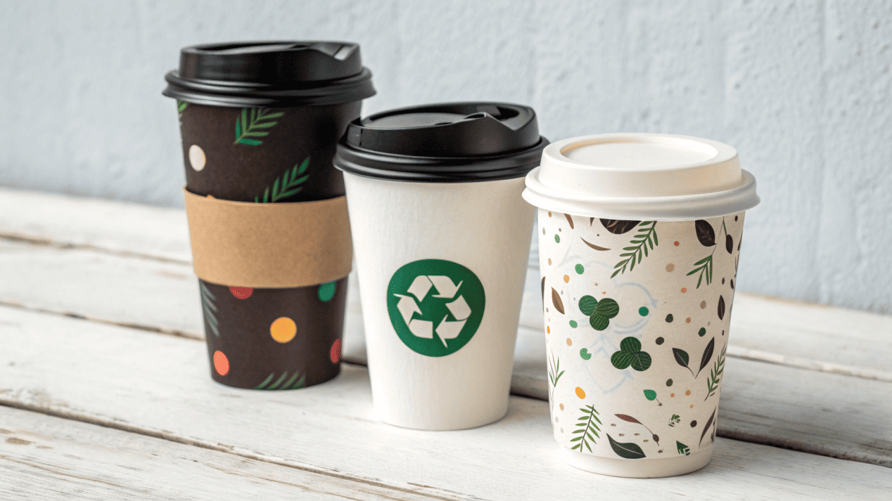 Benefits of Water-Based Coating for Brands A collection of branded cups with a "Truly Recyclable" icon.