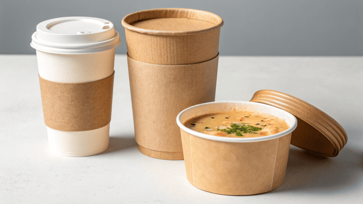 Applications of Water-Based Coatings A variety of food packaging - coffee cup, ice cream bowl, soup container - all made with Kraft paper and water-based coating.