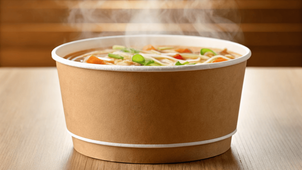 A steaming bowl of hot soup in a sturdy, double-wall paper bowl.