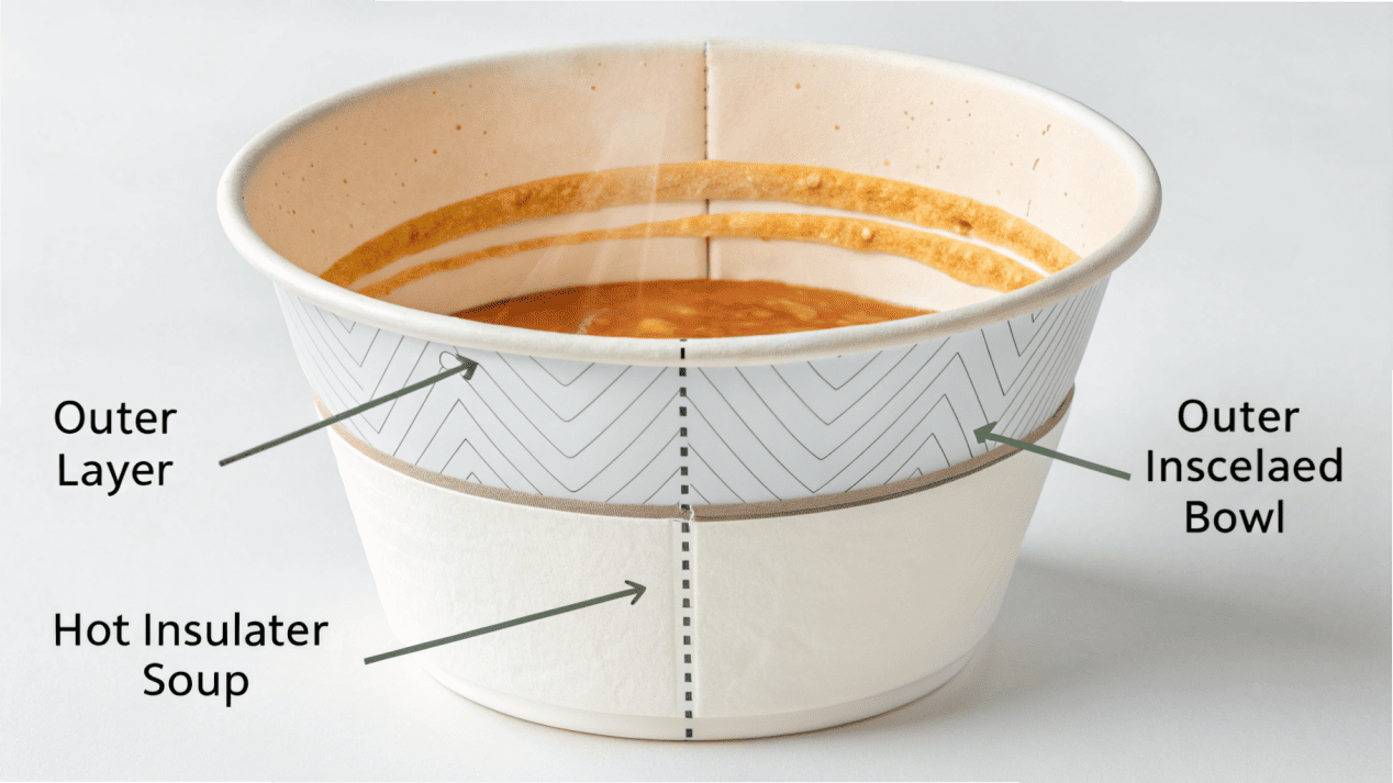 A diagram showing the cross-section of a double-wall paper bowl and its insulating air pocket.