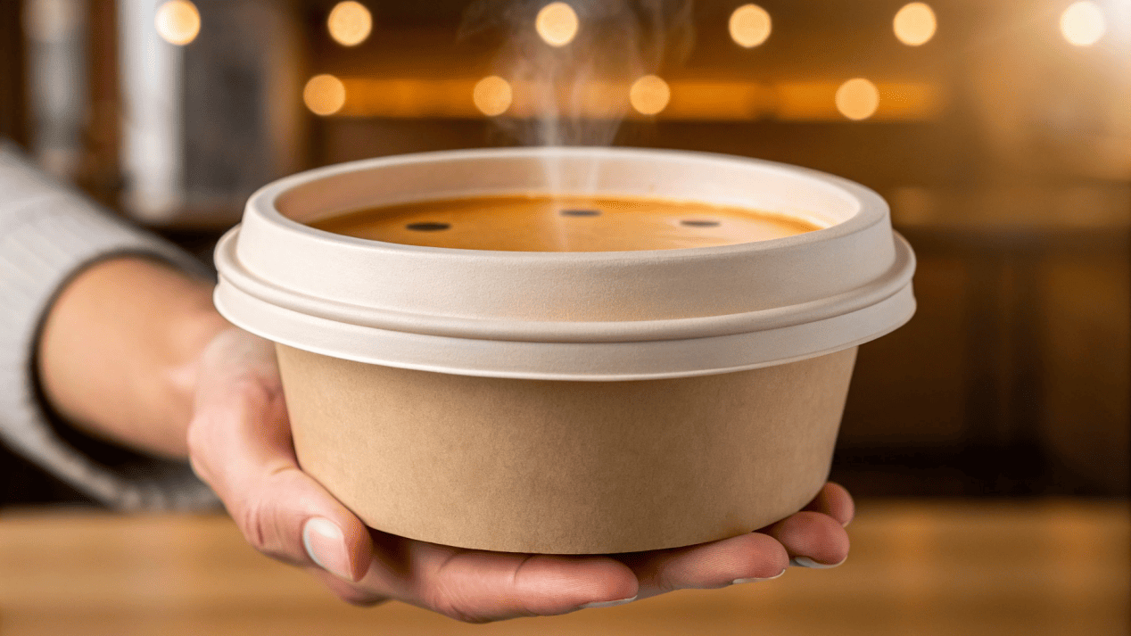 A customer comfortably holding a soup bowl in one hand, with a secure vented lid on top.