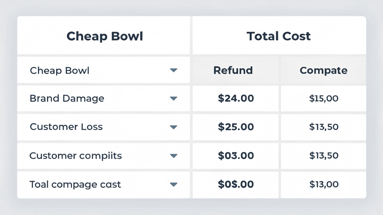 A table comparing the "Price" of a cheap bowl vs. the "Total Cost" including refunds and brand damage.
