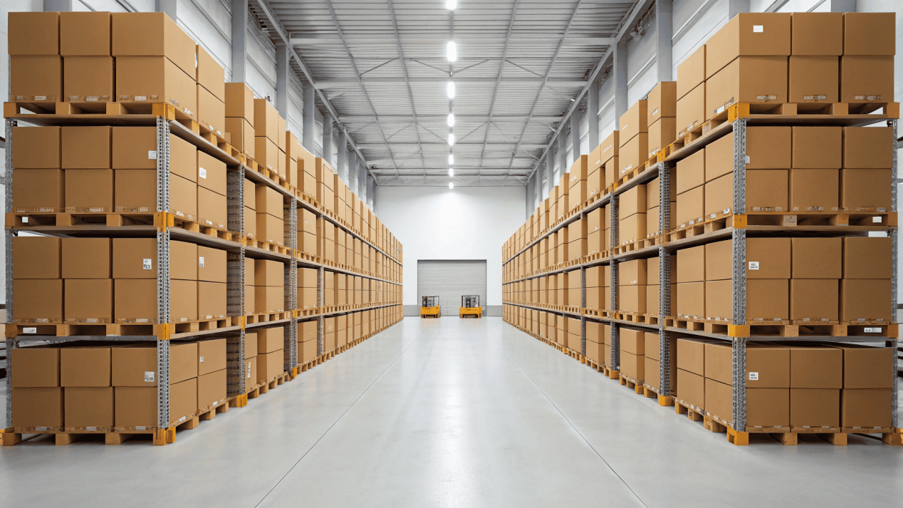 A large, organized warehouse with pallets of HAOKELAO boxes ready for shipping.